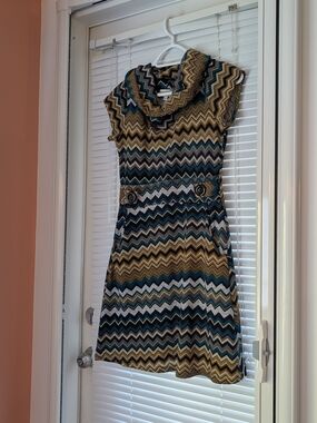 APRICOT Chevron Knit Cowl Neck Dress in Teal, Mustard, Navy, Cream, and Gray
